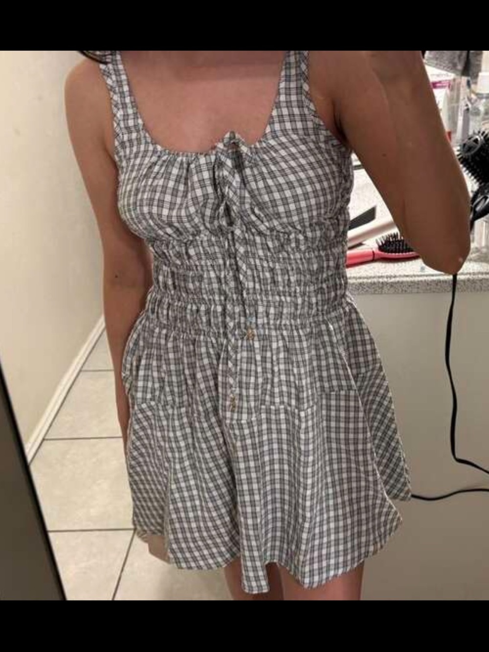 Smocked Plaid Mini Dress in Gray/White